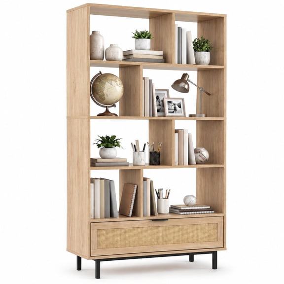 64-Inch Tall 6-Tier Wood Bookshelf with Rattan Drawer and 8 Open Cubes, Standalone Storage Display Unit with Metal Legs for Living Room Home Office Kitchen, Natural