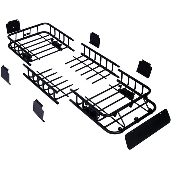 64 Inch Universal Steel Rooftop Cargo Carrier Basket Heavy Duty Roof Rack for SUV Truck Jeep Overlanding Camping Gear Hauling Travel Off Road Black with Wind Fairing Tie Down Straps Easy Install