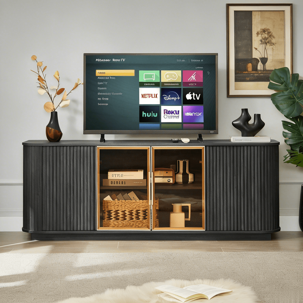 64 Inch Wave Pattern TV Cabinet with LED Lights Black Modern Sideboard ...