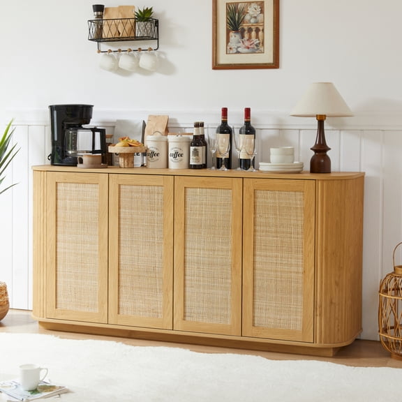 64-Inch Wave Shaped TV Stand with Rounded Corner Sideboard Wood Vertical Striped Storage Cabinet & Buffet, Rattan Doors, Natural, 64''W x 15''D x 31.5''H Fits Kitchen/Bedroom/Entryway
