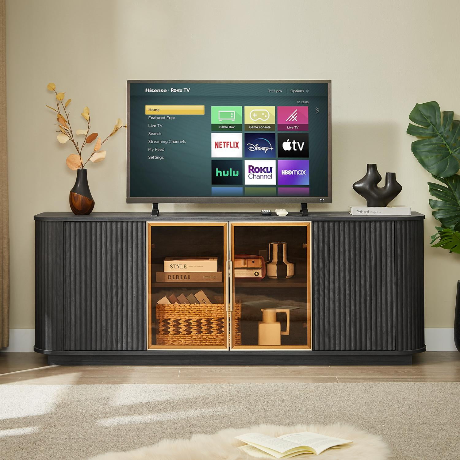 64 Inch Wavy TV Cabinet and Sideboard with Aluminum Framed Tempered Glass Doors, Wood Vertical Stripe Storage Cabinet with LED Lights for Living Room, Black