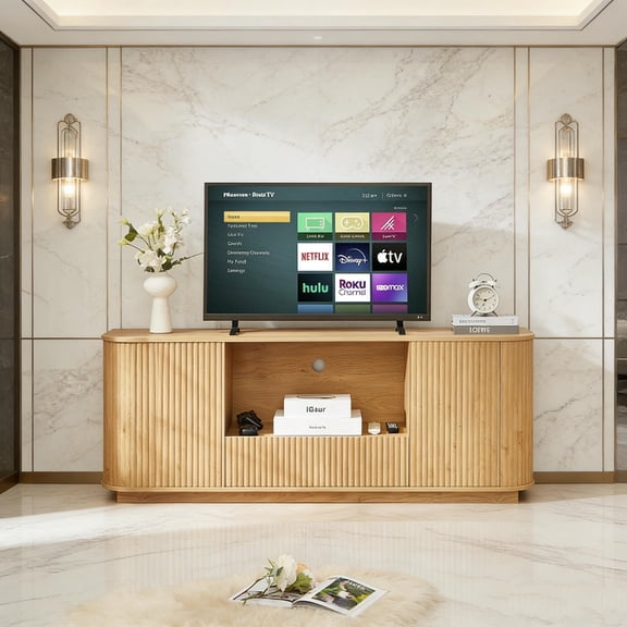 64-Inch Wavy TV Stand, Rounded Sideboard Storage Cabinet, Wooden Vertical Stripe Cabinet for Living Room, Bedroom or Entryway, Natural Finish, 64"W x 15"D x 24"H