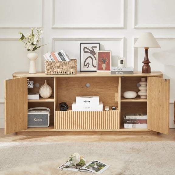 64-Inch Wavy TV Stand with Rounded Edges, Wooden Vertical Stripe Sideboard Storage Cabinet for Living Room, Bedroom & Entryway,Natural