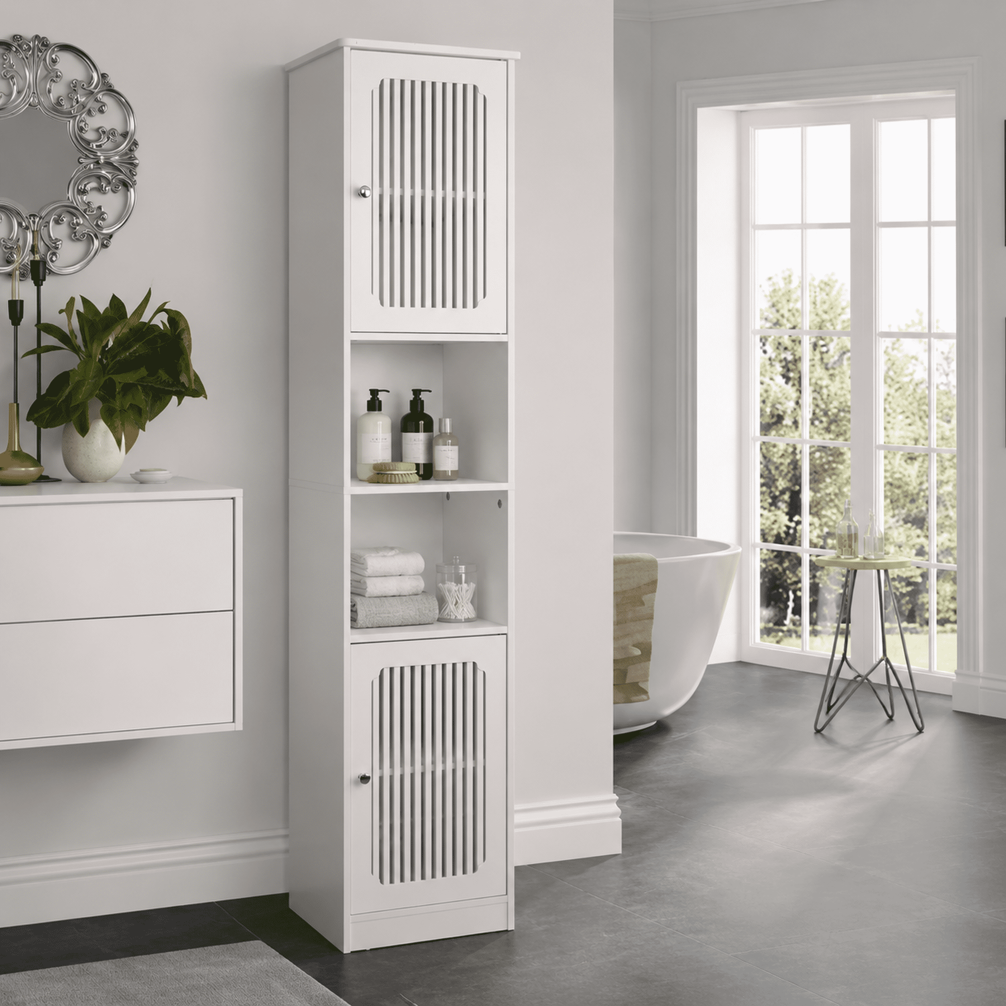 64 Inch White Tall Bathroom Storage Cabinet with Adjustable Shelves, Louvered Door Floor Standing Cabinet, Multi-Tier Vertical Narrow Organizer Unit for Bathroom Bedroom Entryway