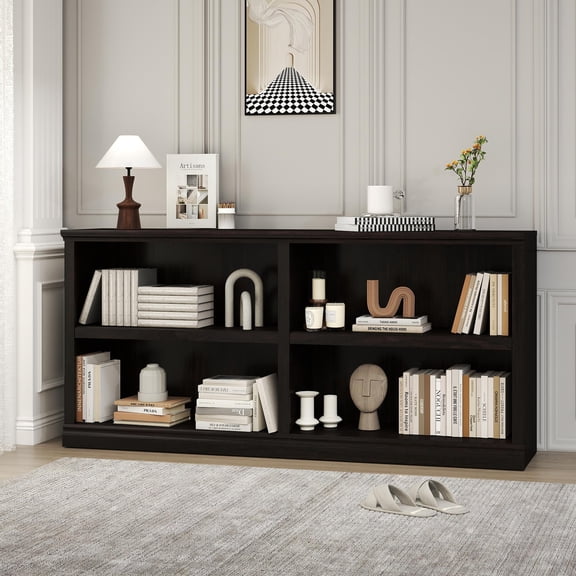 64 Inch Wide Dark Cherry Bookshelf, 2-Tier 4-Cube Storage Organizer for
