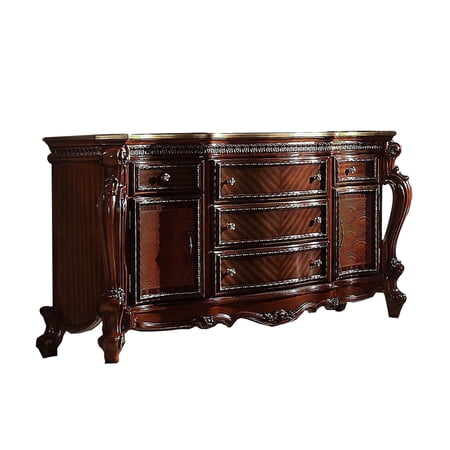 64 Inches 5 Drawer Ornate Engraved Dresser with 2 Door, Brown