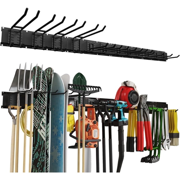 64 Inches Garage Organization, Wall Mount Garden Tool Organizer, 880lbs Adjustable Heavy Duty Metal  Hooks, Garden Tool Storage Rack for Garage, Yard, and Shed (4 Racks, 12 Hooks)