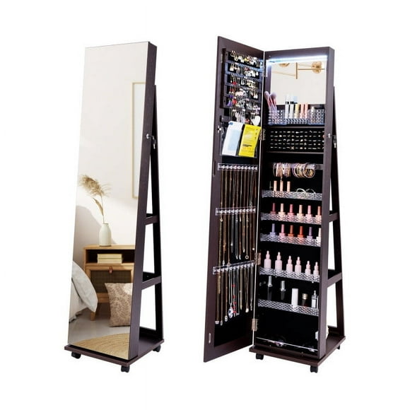 64 Inches Lockable Jewelry Cabinet Armoire with Built-in Makeup Mirror