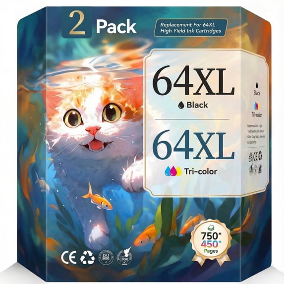64 Ink Cartridge Compatible for 64 Ink Cartridges Combo Pack for Envy Photo 7855 7858 7120 7155 6252 (2-Pack, Black, Tri-Color)