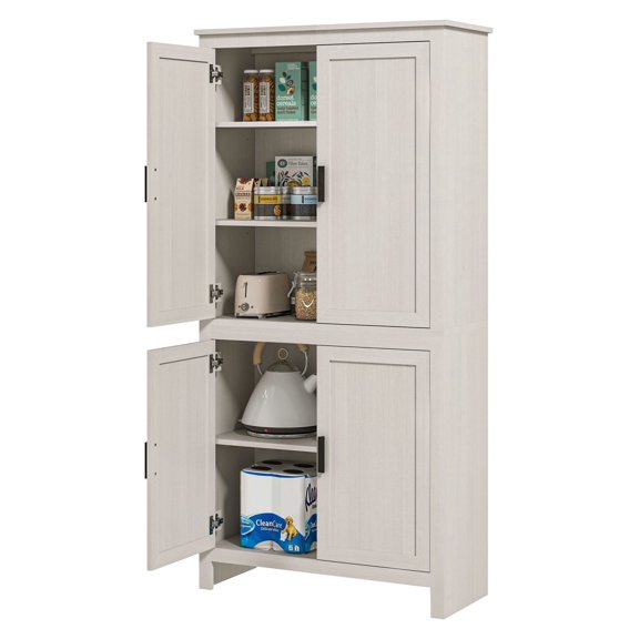 64" Kitchen Pantry, 4-Door Freestanding Cabinet, Adjustable Shelves, Antique White