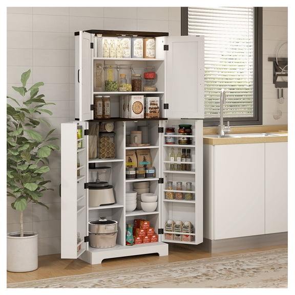 64" Kitchen Pantry Cabinet, White - Adjustable Shelves, Spice Racks, Motion Sensor LED Light, Tall Storage Organizer