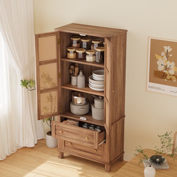 64'' Kitchen Pantry Storage Cabinet, Tall Storage Cabinet with Rattan Doors, 2 Drawers & Adjustable Shelves, Wood Cupboard for Dining Room, Bathroom, Living Room, Laudry
