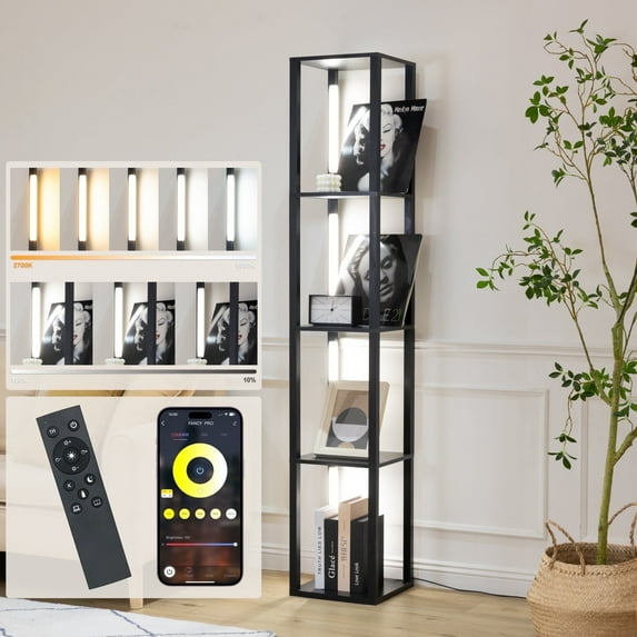 FENLO LED Corner Floor Lamp with Shelves, Black Tiered Dimmable Modern Design, Living Room Decor Lighting