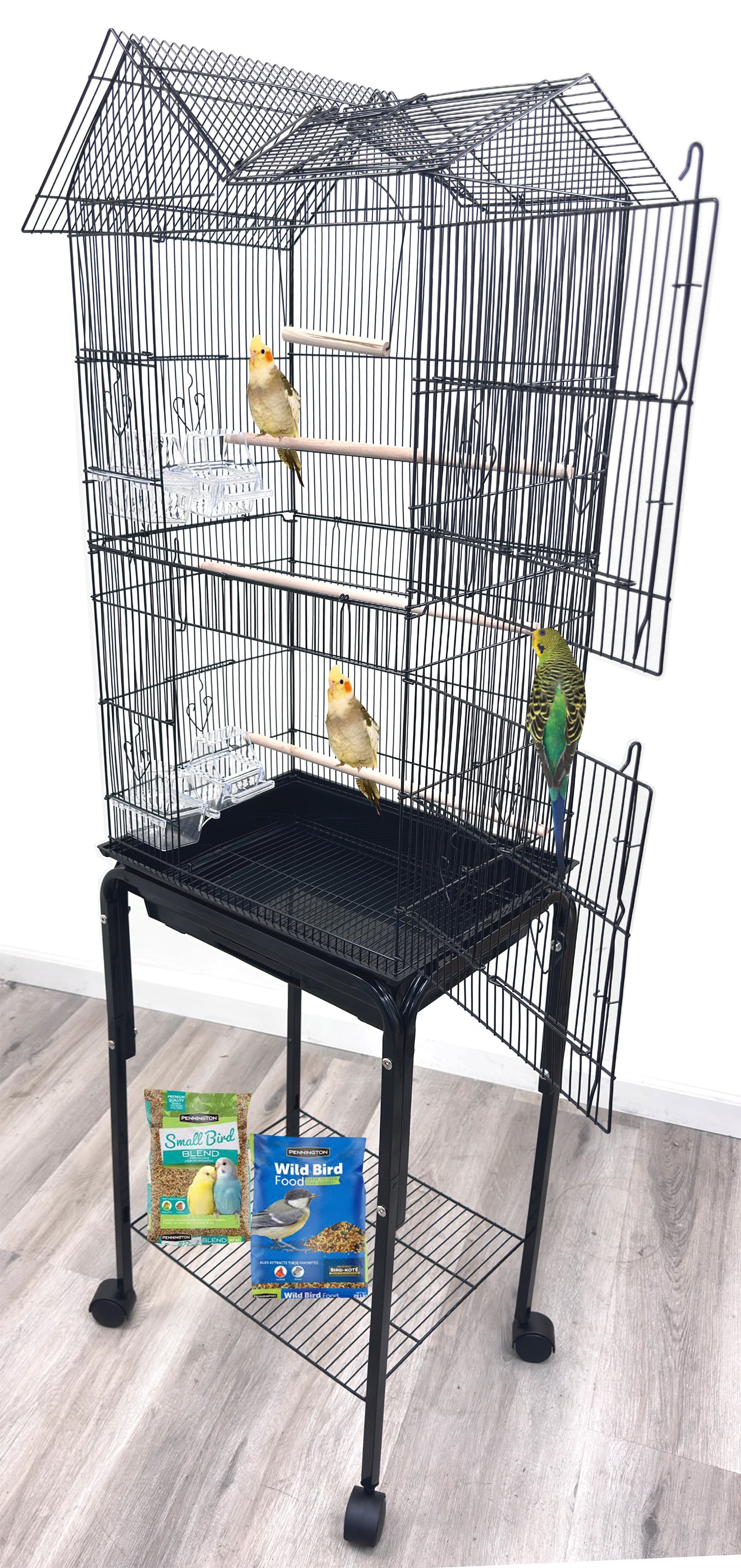 64" Large Deluxe Bird House Flight Home Rolling Stand Cage with Breeding Nest Doors For Aviaries Budgies Canaries Parakeets Cockatiels Lovebirds Finches