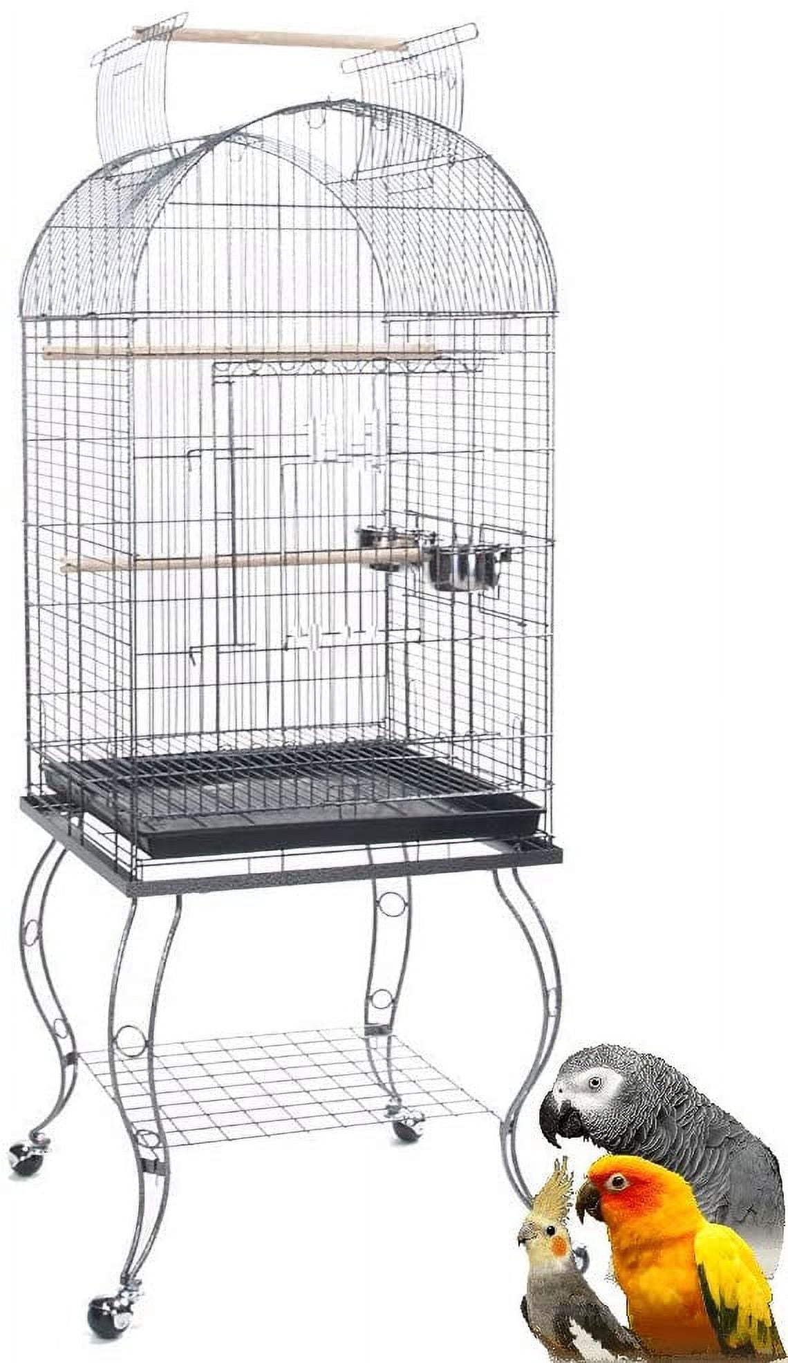 64" Large Rolling Dome Bird Parrot Cage Open Top Perch Quaker With Detachable Stand