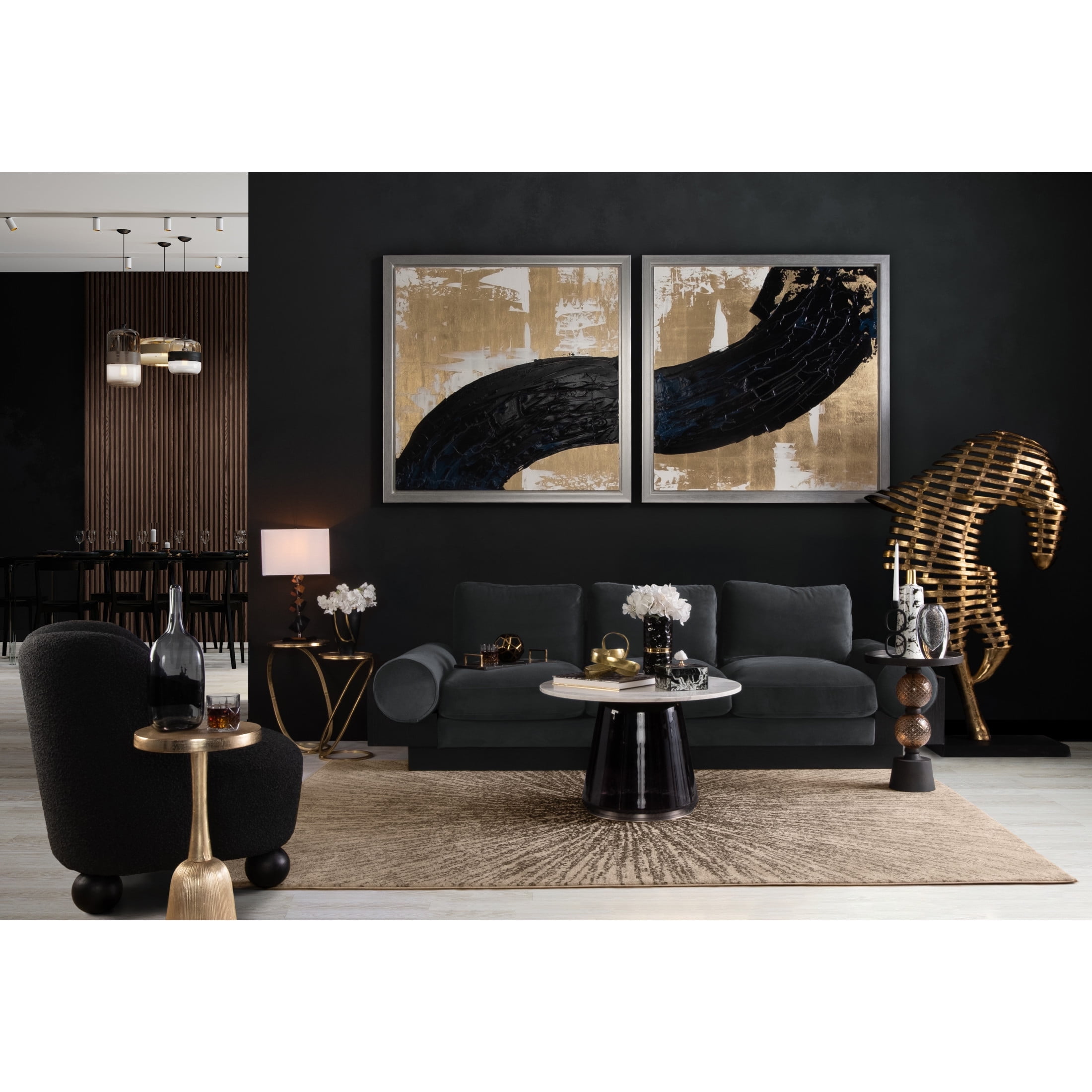 Large Gold Abstract Aluminum Horse Sculpture on Black Stand