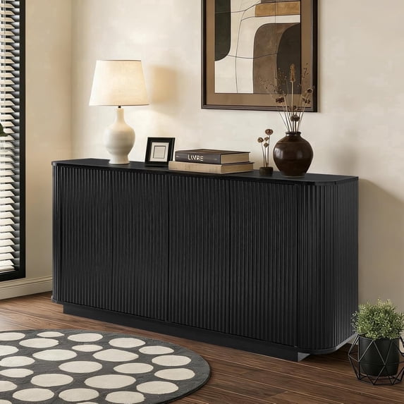 64'' Modern Fluted Buffet Sideboard Cabinet with Storage, Large Storage Cabinet with Adjustable Shelves, Press-Spring Door Console Table for Living Room Dining Room Entryway 31.5" H, Black
