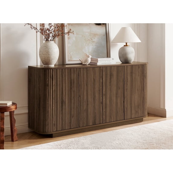 64" Modern Fluted Sideboard Buffet Cabinet - Walnut Storage Credenza with Adjustable Shelves & Pressed Spring for Living Room, Kitchen & Dining Room ,31.5" H