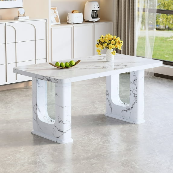 64“ Modern Marble Finish Dining Table for 4-6, White Style Rectangle Kitchen Table with Clear Mirror Legs, Large Accent Dining Table for Kitchen, Dining Room, Meeting Room, Easy to Assemble