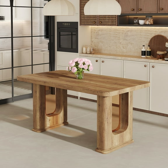 64“ Modern Natural Finish Dining Table for 4-6, Natural Style Rectangle Kitchen Table with Brown Mirror Legs, Large Accent Dining Table for Kitchen, Dining Room, Meeting Room, Easy to Assemble