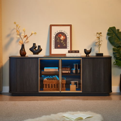 64" Modern TV Cabinet Black - Wavy Design LED Media Console, Aluminum Frame Tempered Glass Doors with Press-Spring Access & Ambient Lighting, 24"H`