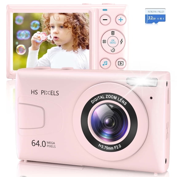 PORTWORLD 64MP Digital Camera 4K Video 18X Zoom Autofocus Compact Camera with 32GB Card 2.4 Inch Screen MP3 Player Vlogging Camera Pink