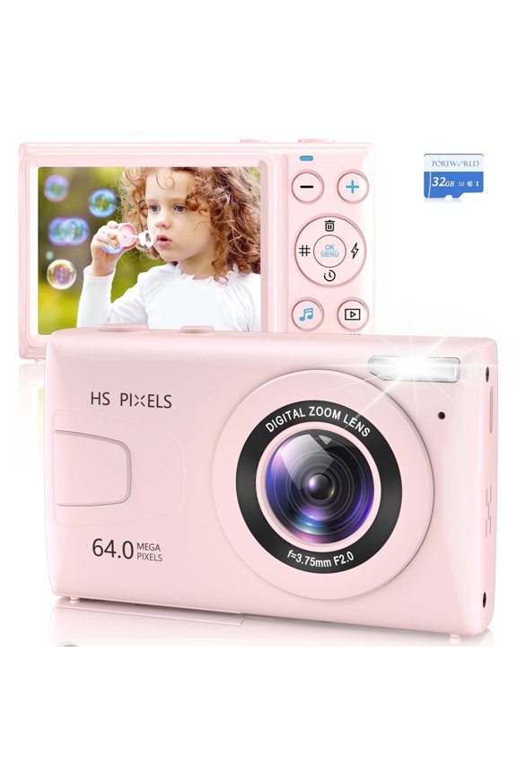 64MP Digital Camera 4K Video 18X Zoom Autofocus Compact Camera with 32GB Card 2.4 Inch Screen MP3 Player Vlogging Camera Pink