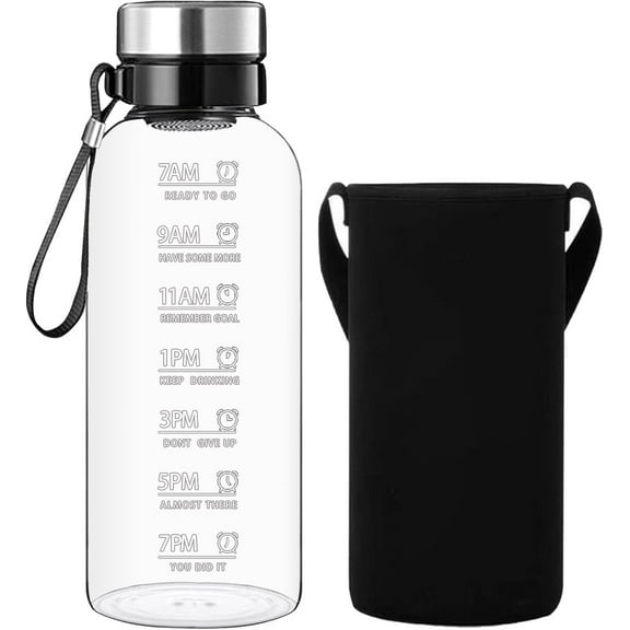 64 OZ Glass Water- Large Resuable Borosilicate Wide Mouth Glass Drinking With Time Mark, Sleeve, BPA Free
