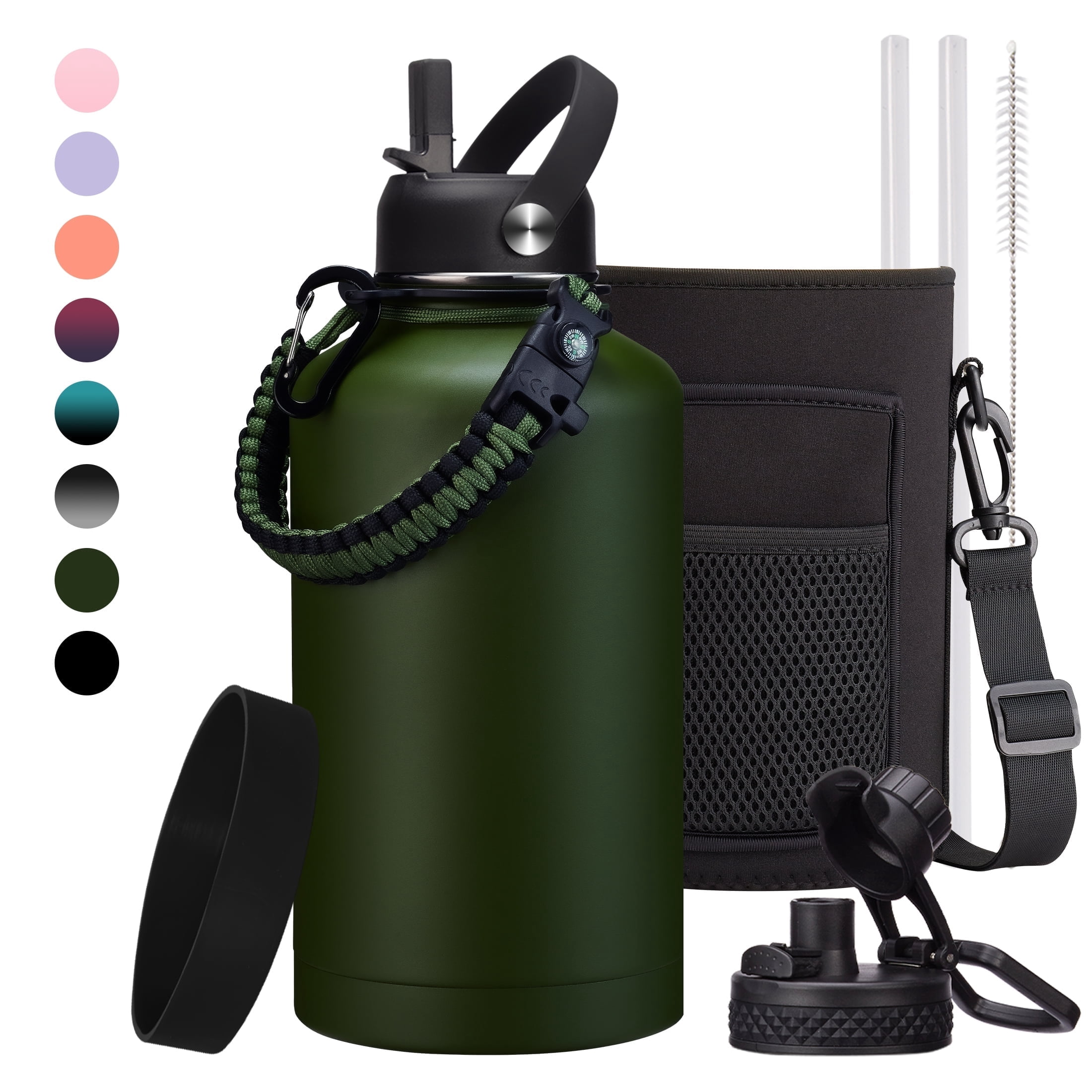 64 OZ Water Bottle Half-gallon Water Jug - w/ Paracord Handle, Straw & Spout Lid, Carrier Bag, Insulated Water Bottle Wide Mouth Stainless Steel Sports Flask
