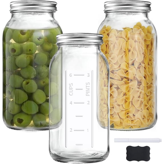 64 OZ Wide Mouth Mason Jars with , Clear Heavy Duty Glass Airtight Storage Canning Jar and Band Half Gallon / 2 Quart Fermenting, Pickling, Storing, Pack of 3