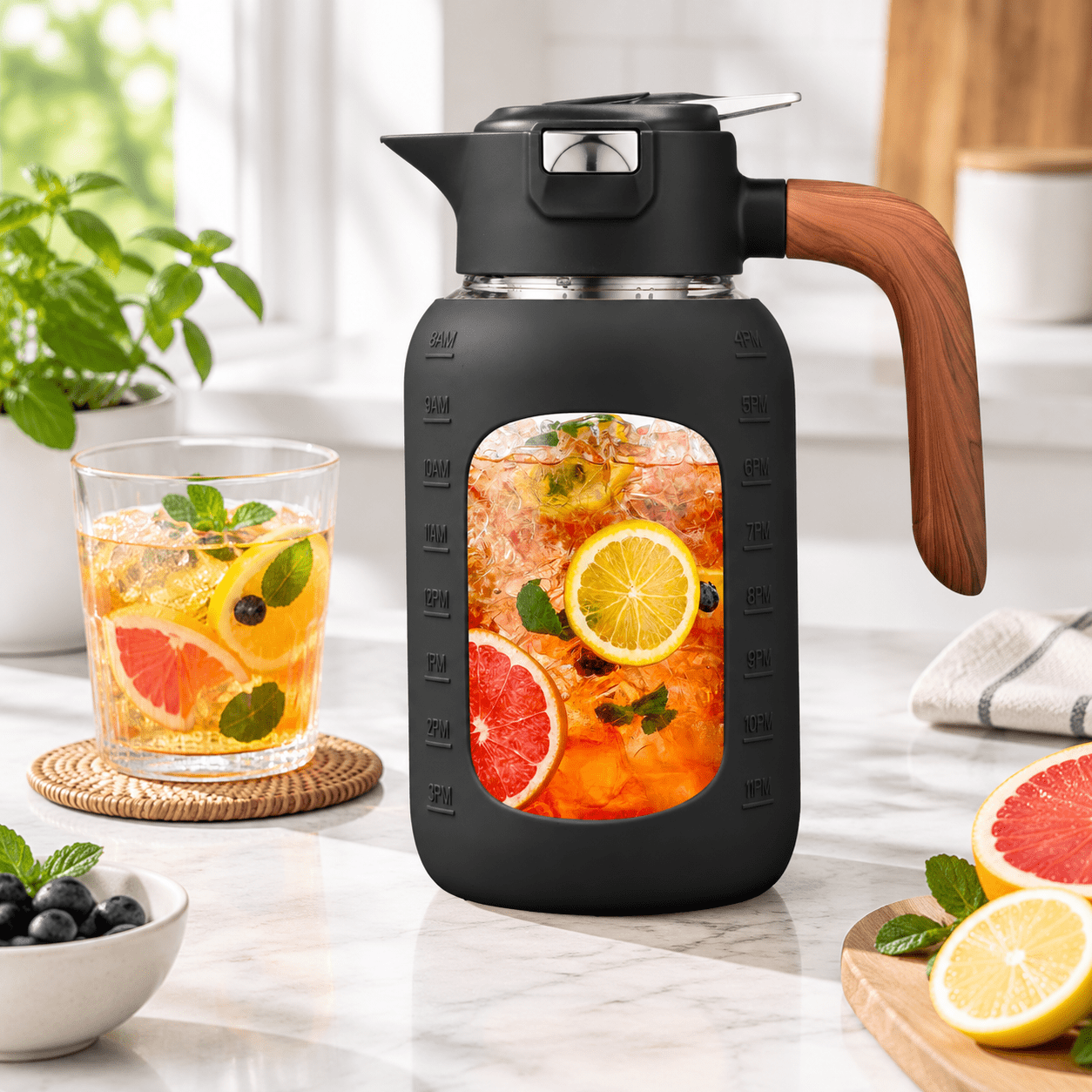 64 Ounces Black Glass Pitcher with Lid and Handle for Hot and Cold ...