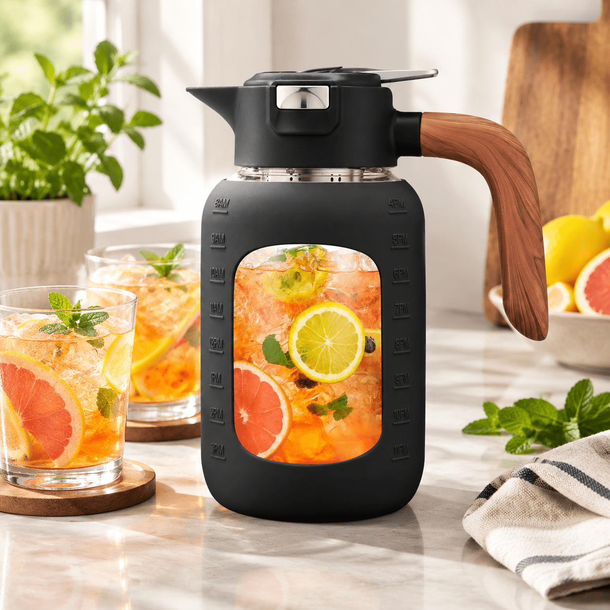 64 Ounces Black Glass Pitcher with Lid and Handle for Hot and Cold ...