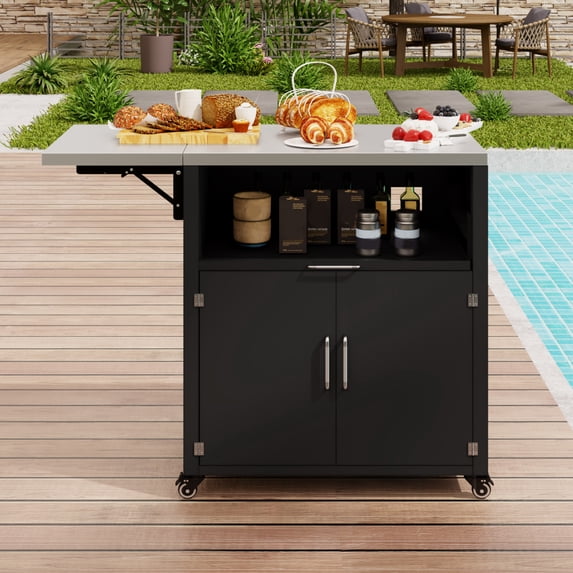 64" Outdoor Kitchen Cabinets, Side Kitchen Storage Island with Foldable Side Tabletop and Rack, Wicker Outdoor Grill Cart with 2 Doors for BBQ, Patio, Backyard, Matte Black