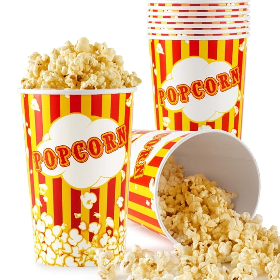 64 Oz Popcorn Buckets, Disposable Popcorn Containers (25 Count), Large Cups, Cardboard Bucket for Family Movie Night, Popcorn Tub, Vintage Bowls for Concession Stand, Carnival Supplies