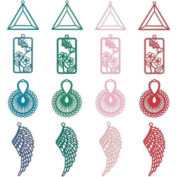 64 PCS 16 Style Stainless Steel Filigree Pendant Triangle Rectangle Flower Feather Pendant Etched Metal Decoration for DIY Necklace Earrings Bracelet Hole Size: 3mm for DIY