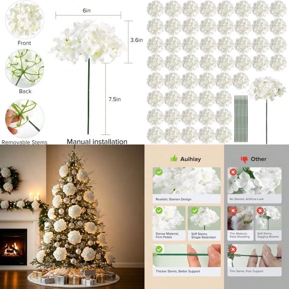 64 PCS Artificial Hydrangea Flowers Silk Hydrangea Full Flowers Heads with Stems for Wedding Centerpieces Home Garden  Shower Party Decoration Ivory