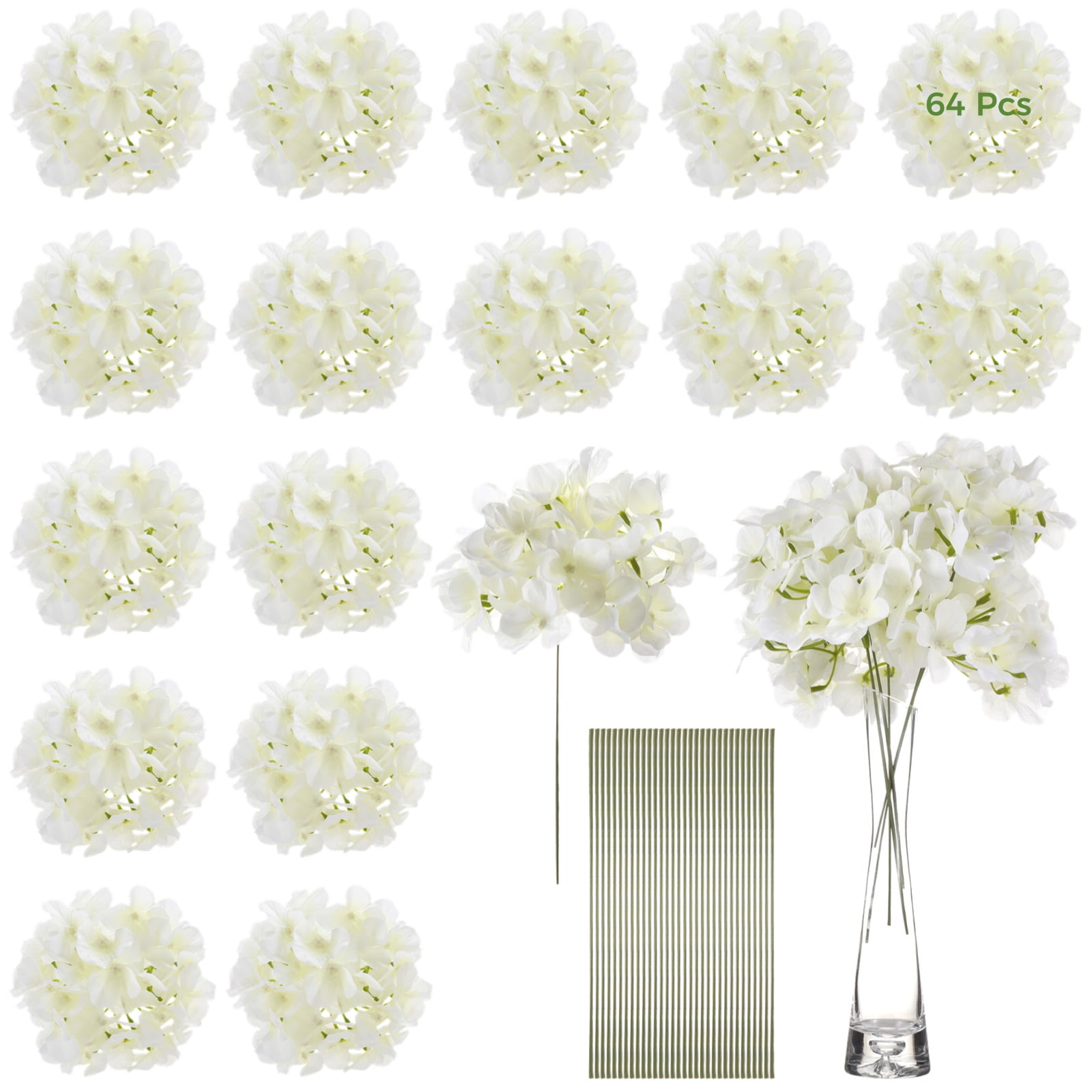 64 PCS Artificial Hydrangea Flowers, Silk Hydrangea for Wedding Centerpiece, Faux White Silk Flowers with Stems for Bouquets, Aisle Arrangements, Event Decor