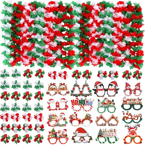 64 PCS Leis for Christmas Party Decorations- Leis Bulk, Red and Green Flower Lei for Adults Birthday Christmas Party Favors Supplies