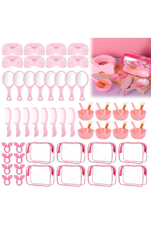 64 PCS Spa Sleepover Party Favor Supplies for Women Bulk, Include Pink Face Mask Mixing Bowl Sets, Handheld Mirrors, Combs, Headbands, Scrunchies, Cosmetic Bags for Slumber Party Supplies Y102
