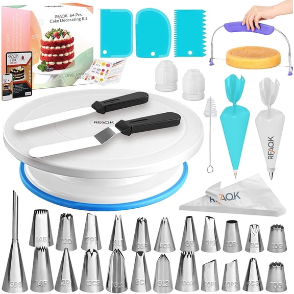 64 PCs Cake Decorating Kit for Beginners Includes Video Course, Booklet + Baking Supplies Gift - Cake Stand, Leveler, 24 Numbered Piping Tips, Straight & Offset Spatula, & Scraper sets