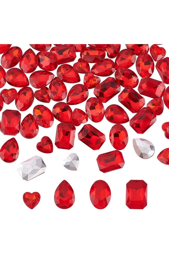 64 Pcs 4 Shapes Pointed Back Rhinestone 18mm Glass Rhinestones Gems Red Rectangle/Teardrop/Heart/Oval Jewels Embelishments with Silver Plated Back Crystals Stones for DIY Jewelry Making