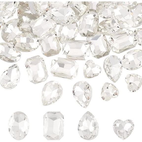 64 Pcs 4 Shapes Pointed Back Rhinestone Glass Rhinestones Gems Clear Rectangle/Teardrop/Heart/Oval Jewels Embelishments with Silver Plated Back for DIY Craft Jewelry Making Colorful