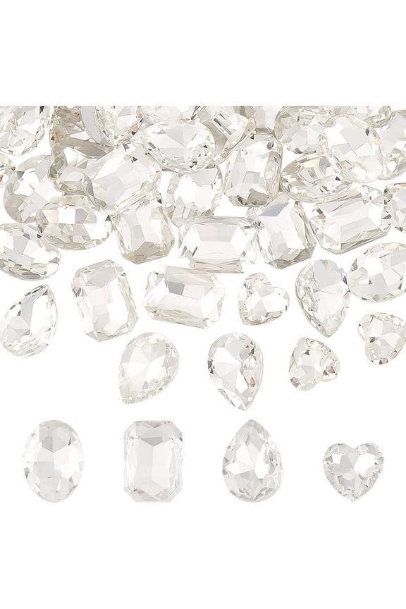 64 Pcs 4 Shapes Pointed Back Rhinestone Glass Rhinestones Gems Clear Rectangle/Teardrop/Heart/Oval Jewels Embelishments with Silver Plated Back for DIY Craft Jewelry Making Colorful