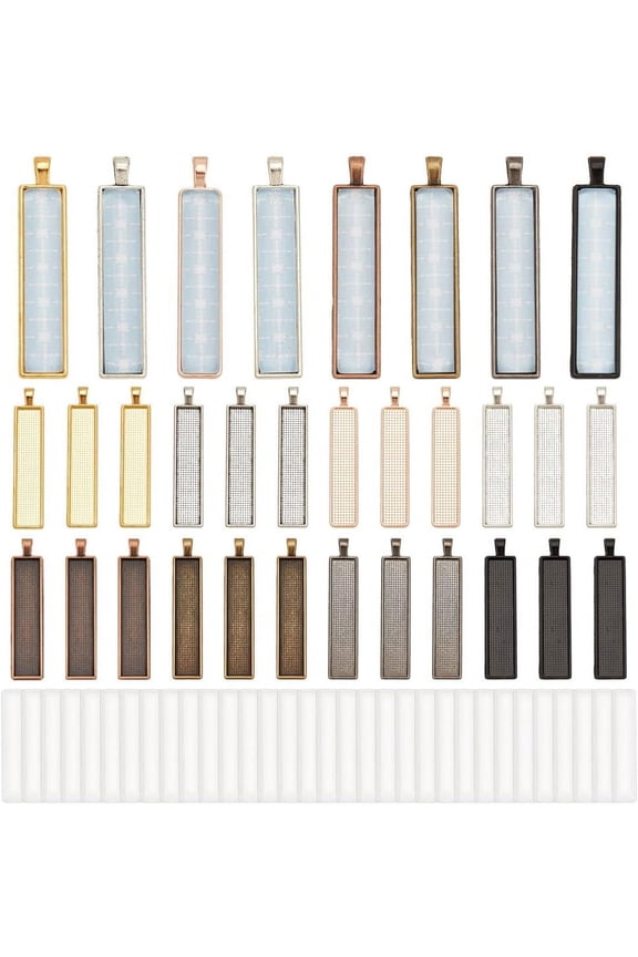 64 Pcs 8 Colors Blank Pendants Trays Including 32 Pcs Glass Cabochons Blank Bezel Charms Rec Alloy Cabochon Pendants Making Kits for Jewelry Making Necklace Bracelet for DIY