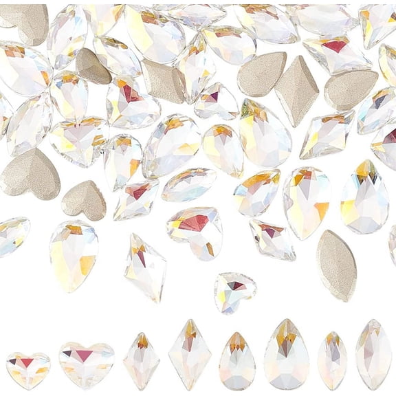 64 Pcs 8 Styles K9 Glass Rhinestones Gems Flatback Rhinestones AB Color Rhombus/Horse Eye/Teardrop/Heart Jewels Embelishments with Silver Plated Back for Craft Making for DIY