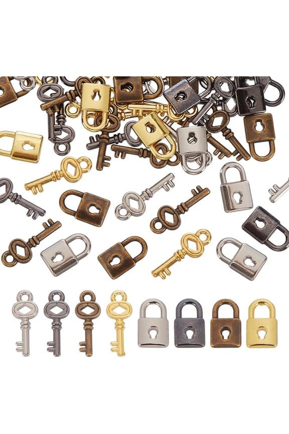 64 Pcs 8 Styles Mini Alloy Lock Key Charms Super Tiny Lock Pendants Mini Metal Lock Keys Mixed Color Accessories for Jewelry Making Dollhouse Projects colorful DIY