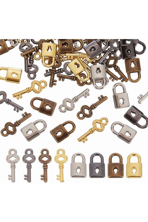 64 Pcs 8 Styles Mini Alloy Lock Key Charms Super Tiny Lock Pendants Mini Metal Lock Keys Mixed Color Accessories