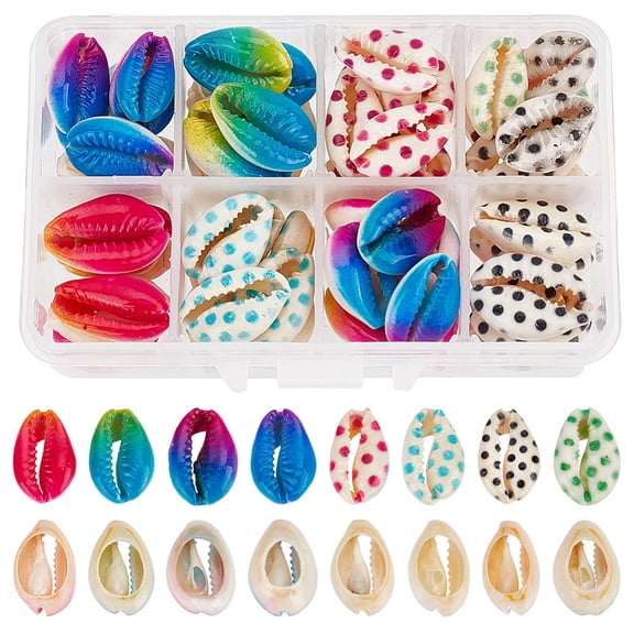 64 Pcs 8 Styles Printed Cowrie Shell Beads Colorful Natural Cowrie Shell Beads Undrilled Seashell Beads Beach Seashell Charms