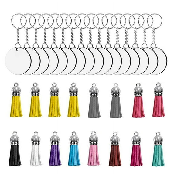 64 Pcs Acrylic Transparent Discs Blank Keychains Circle Key Chains and Tassel Pendant Keyring for DIY Project and Crafts Metal + Acrylic three colors