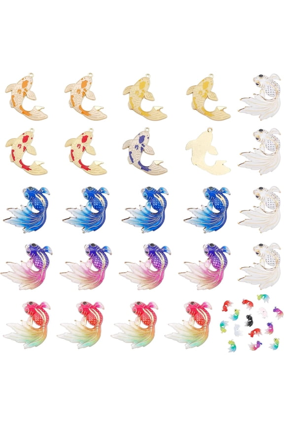 64 Pcs Charms Pendants 12 Colors UV Printing Fish Resin Cabochons Alloy Enamel Koi Fish Pendants for Necklace Earrings Bracelets Jewelry Making Accessory Mixed Color